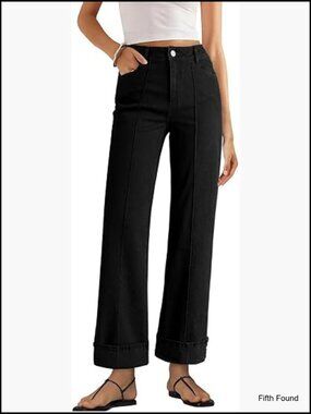High Waist Wide Leg Cuffed Jeans Baggy Stretchy Denim Pants with Pockets